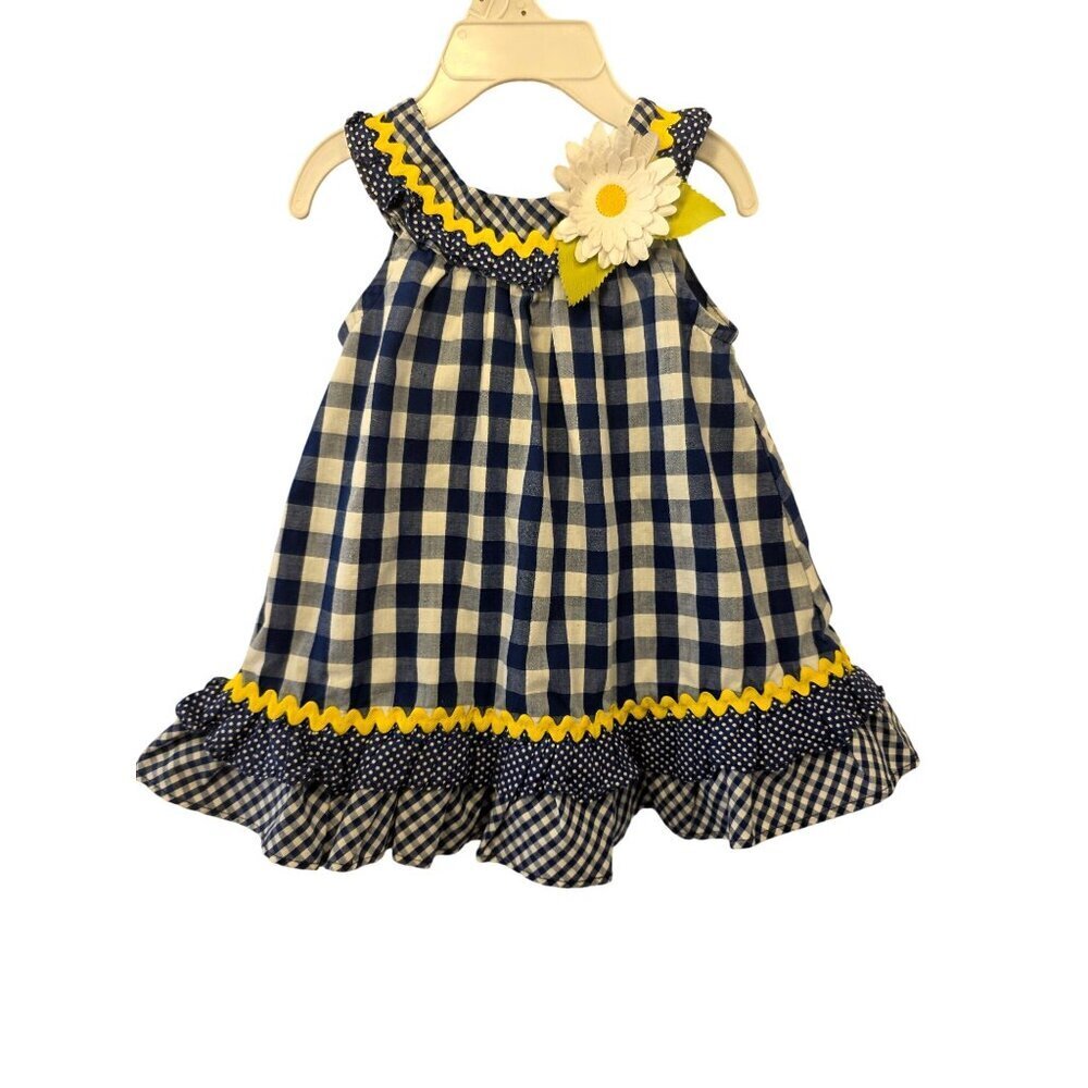 Youngland Baby Retro-Style Infant Dress Sz 12M Daisy Ric Rac Blue White Gingham